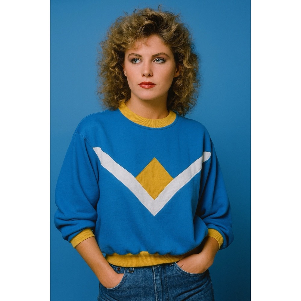 Vintage 80s Colorblock Sweatshirt Blue Yellow Geometric Retro Pullover Sz 2X